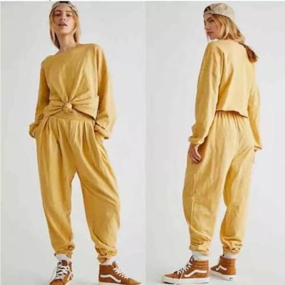 FREE PEOPLE Beach Culver City Pleated Harem Lounge Pants, Yellow/Mustard XS